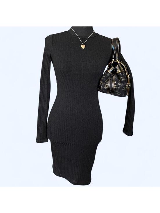 Dresses & Skirts - Black ribbed bodycon mini dress long sleeve minimalist basics size XS